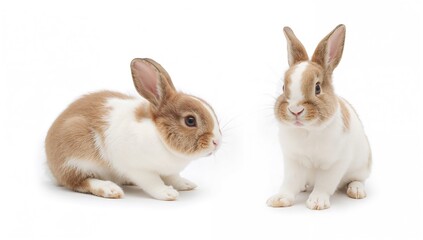 Obraz premium Two small bunny rabbits engaged in play on a white backdrop, focus on interaction