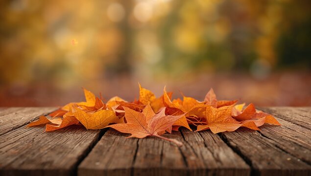 Orange autumn leaves on aged wooden surface, seasonal change