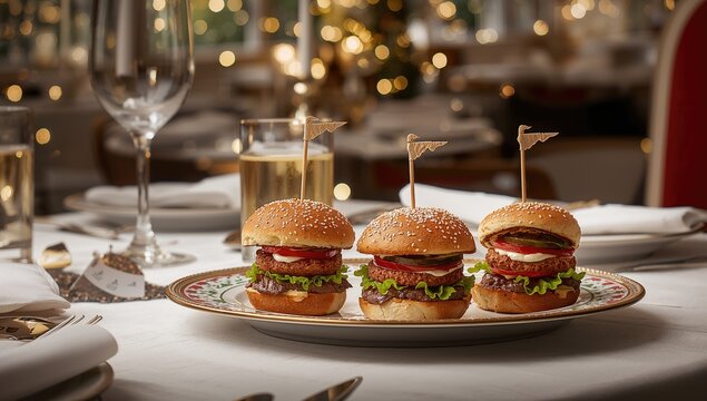 Miniature burgers arranged on a dish for a gathering, ideal for party catering