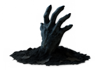 Undead zombie hand rising from grave dirt, reaching out for life or victims, creepy halloween horror concept, transparent background