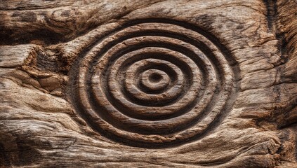 Ancient Circular Carvings on a Wooden Surface.