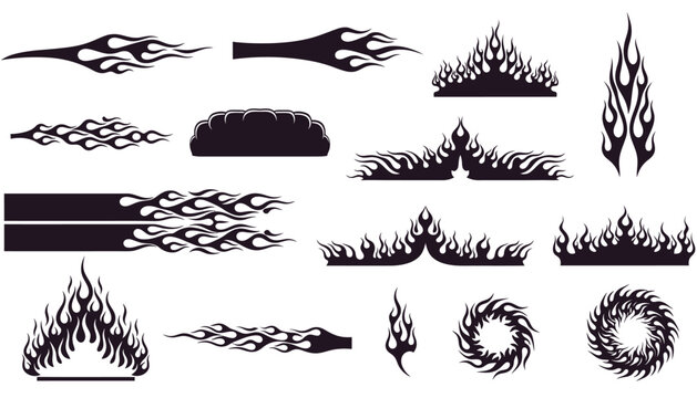 Collection of black silhouette flame graphics and fire decals for automotive and design projects