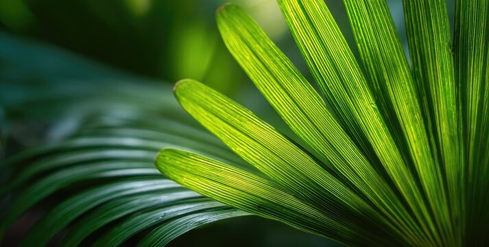 Close-up of vibrant, sunlit fan-shaped leaves contrasting against blurred, dark green foliage
