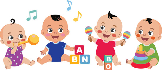 Cute cartoon illustration of four happy babies playing with colorful musical toys and blocks, creating fun cheerful infant nursery activity scene