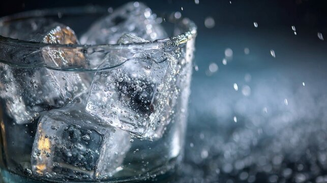 Close-Up of Ice Cubes in a Glass with Water Droplets Captured in Stunning Detail, Perfect for Beverage and Refreshment Themes on Stock Photo Platforms