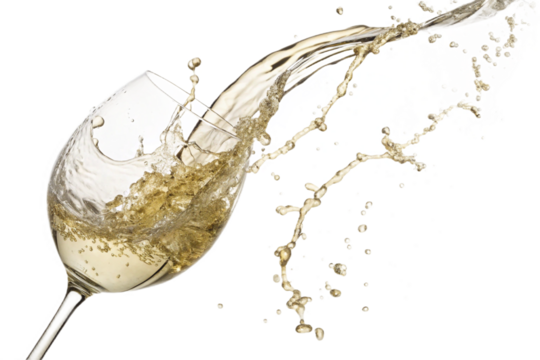 White wine poured into a glass. transparent background.. Rich. Luxury. Liquor. Marriage. Polyphenols.