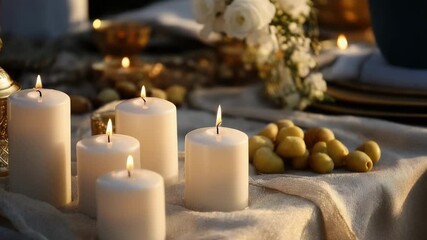 Six lit white pillar candles arranged on a light cloth altar, with gold decor and a small floral arrangement nearby. - Powered by Adobe