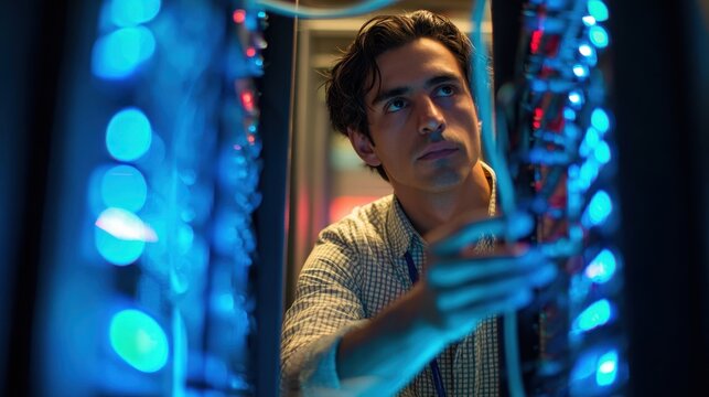 A Determined IT Professional Carefully Examines the Complex Network Infrastructure in a Data Center Amidst Blinding Blue Lights Showcasing Technological Advancement