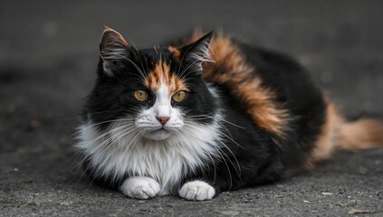 A beautiful black and orange tabby cat resting on the floor, evoking a sense of tranquility