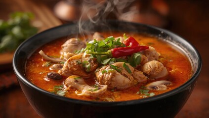 Fototapeta premium Spicy and creamy chicken soup with a tangy flavor, traditional Asian cuisine