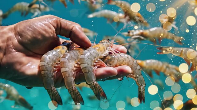 A person's hand holds several raw shrimp in the blue water with bokeh light effect and more shrimp swimming around, concept for seafood harvesting, aquaculture management and restaurant supply chain