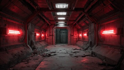 A dimly lit, narrow corridor in a metal structure with ominous red lighting