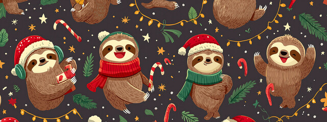 Whimsical cartoon sloths in Christmas attire surrounded by festive elements on a dark background
