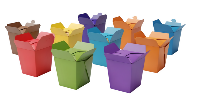 Colorful takeout boxes, a vibrant display