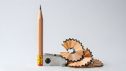Close-up of a sharpened pencil and wood shavings, creativity and study concept.
