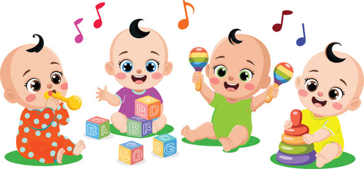 Cute cartoon illustration of four happy babies playing with colorful musical toys and blocks, creating fun cheerful infant nursery activity scene