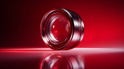 Close up of a camera lens with a silver rim on a reflective red surface and red background