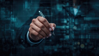 Multi-exposure of a woman writing with a digital data overlay, reflecting focus on technology and innovation