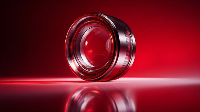 Close up of a camera lens with a silver rim on a reflective red surface and red background