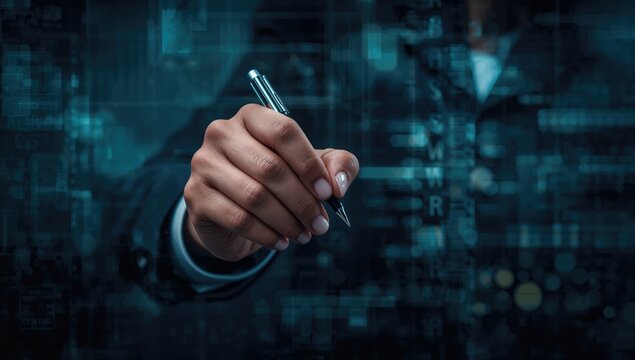 Multi-exposure of a woman writing with a digital data overlay, reflecting focus on technology and innovation