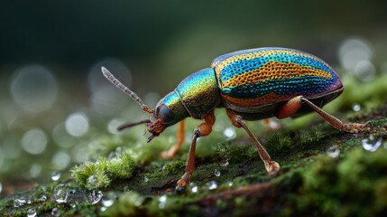 Fototapeta premium Vibrant Macro Shot of Colorful Beetle with Dew Drops on Mossy Surface in Nature Setting, Capturing the Intricate Details of Insect Features