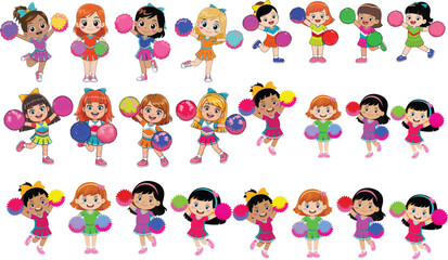 Cute cheerful cartoon girls cheerleaders with pink pom poms jumping happily in uniform, adorable kids team performing energetic cheerleading routine illustration