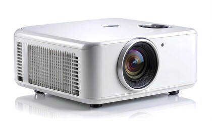 Modern silver digital projector with front lens and side vents on white background