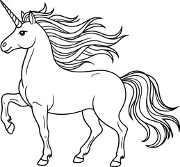 Majestic unicorn illustration with flowing mane and tail in black and white