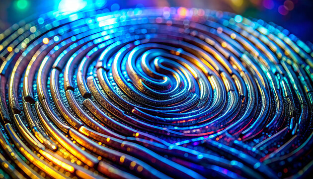Biometric Fingerprint: A close-up shot of a biometric fingerprint, showcasing its unique patterns and intricacies. Illuminated with a soft, ethereal glow, it symbolizes digital security.