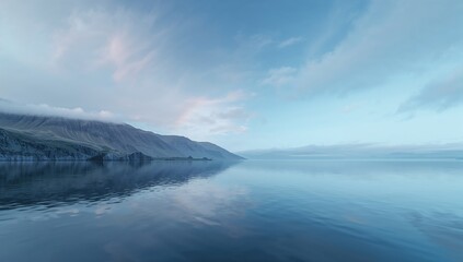 Scenic view of calm waters, cliffs, rocky formations, and mountains under a rainbow sky, suitable for editorial header background