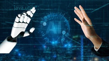 A human hand reaches towards a robotic hand in a futuristic digital landscape, symbolizing the collaboration between human creativity and artificial intelligence technology. Xenic