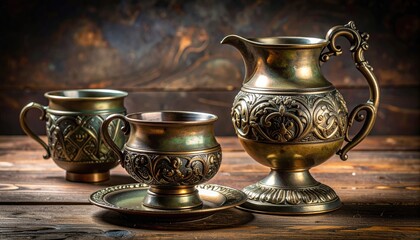 Antique Bronze Pitcher and Goblets with Ornate Engravings on a Rustic Wooden Surface with Dark Textured Background