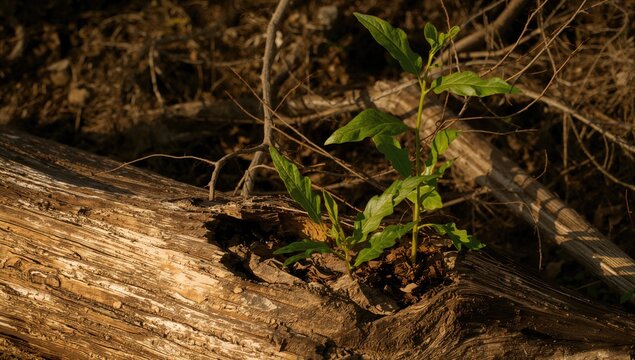 Old log accompanied by vibrant green leaves, symbolizing renewal and growth