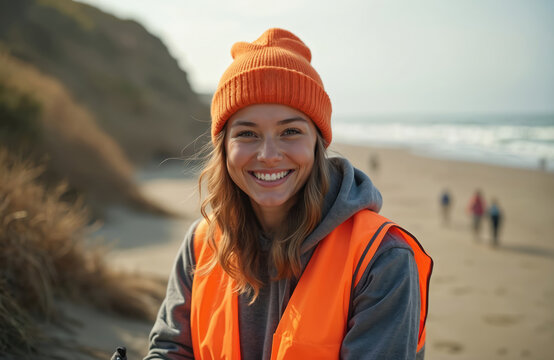 A woman smiles broadly while cleaning the beach. She wears an orange hat and safety vest. The person looks directly at the camera. Others walk on the sandy shore. - Powered by Adobe