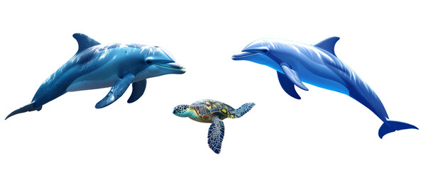 Vibrant Ocean Wildlife Trio – Dolphin, Coral Reef & Sea Turtle Cutout PNG