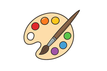 Colorful wooden artist palette loaded with paint spots and a paintbrush