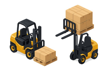 Two yellow forklifts moving cardboard boxes on wooden pallets in an isometric warehouse setting