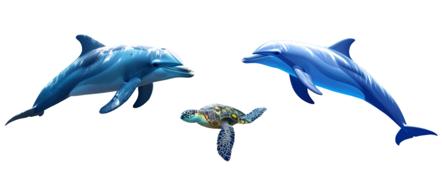 Vibrant Ocean Wildlife Trio – Dolphin, Coral Reef & Sea Turtle Cutout PNG
