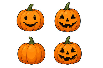 Four orange pumpkins displaying various expressions including happy, scary, and blank faces