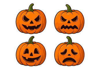 Four carved orange pumpkins displaying various facial expressions for Halloween