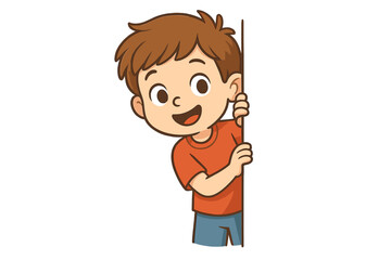 Cheerful young boy peeking out from behind a large blank vertical surface with copy space