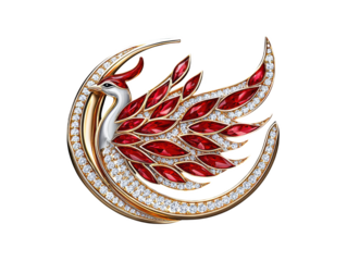 Elegant phoenix brooch jewelry with majestic mythical bird design. Red ruby gem and white diamond on precious gold