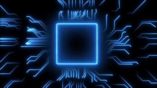 Glowing blue circuit board pattern with central square on black background abstract bright