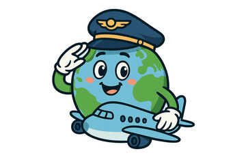 Cheerful Earth globe character dressed as an airline pilot saluting and holding a small passenger aircraft