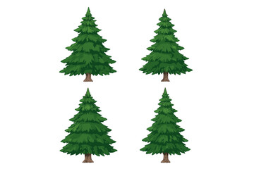 Obraz premium Set of four stylized evergreen pine trees with green foliage isolated on white background