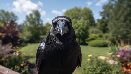 A large black bird perched on a backyard deck, observing its surroundings, seasonal change