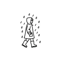 Line art illustration of person walking in rain with raincoat Vector