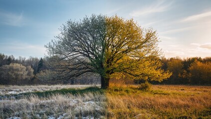 Fototapeta premium Trees transitioning from winter to spring, showcasing seasonal change