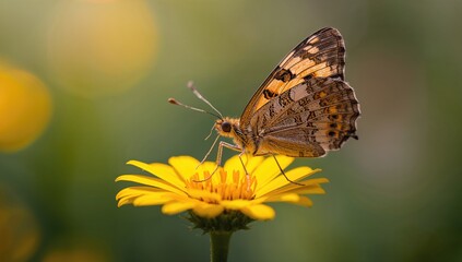 Obraz premium Butterfly resting on a yellow flower, showcasing the beauty of nature