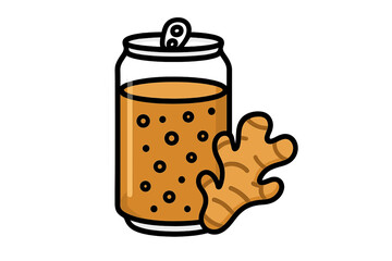 Bubbly ginger beer drink in metal can next to fresh raw ginger root ingredient